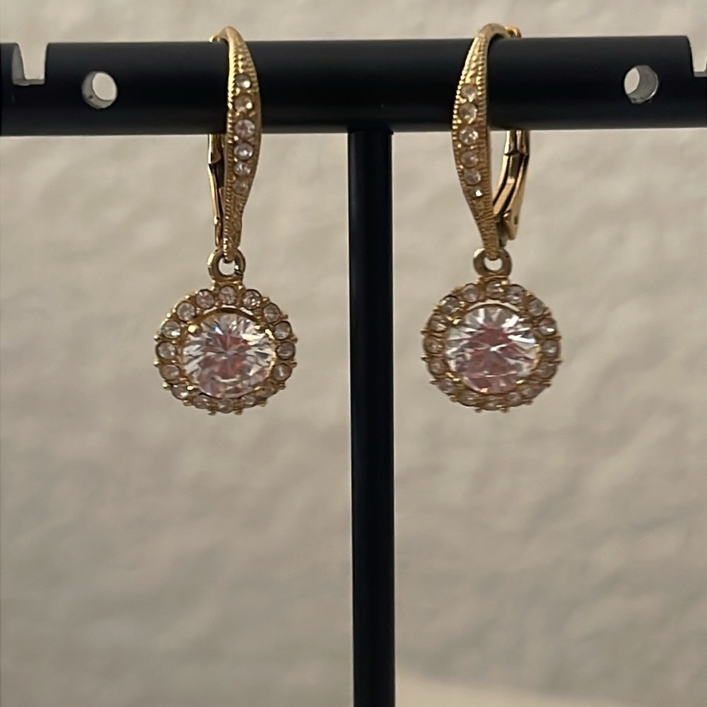 Nadri Framed Round CZ Halo Drop Earrings Gold Leverback - Picture 7 of 8